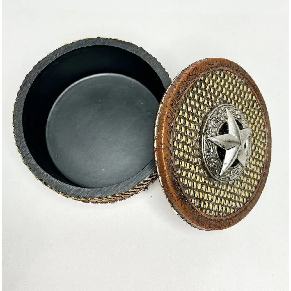 Midwest Seasons Tooled Leather Texture Round Resin Silver Star Trinket Box